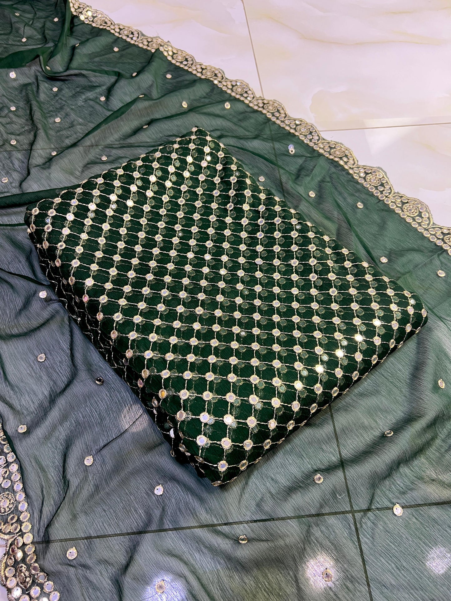 π Luxury 9MM Chiffon 3-Piece Dress β Elegant Mirror Work β¨(KAI-GREEN)