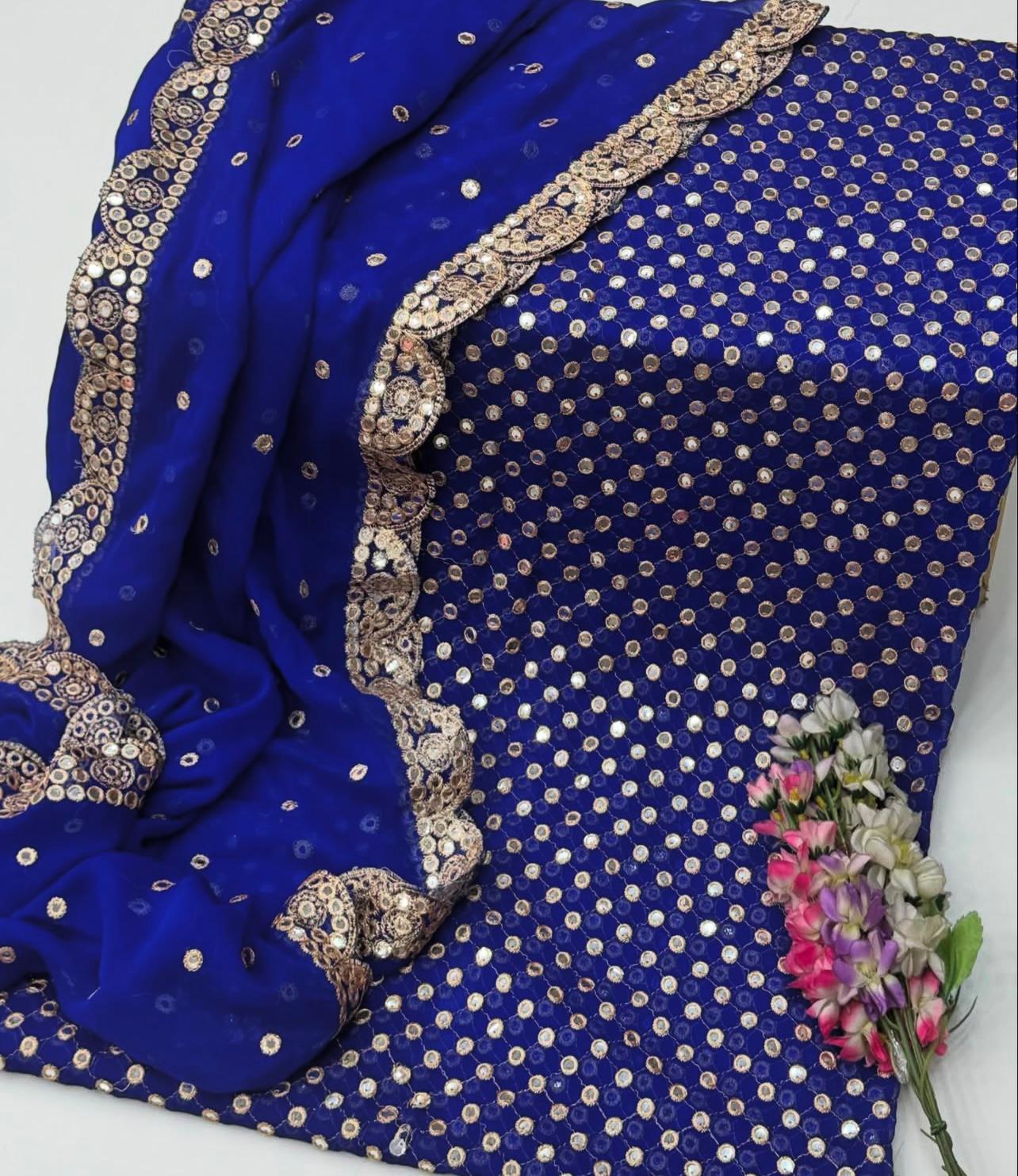 π Luxury 9MM Chiffon 3-Piece Dress β Elegant Mirror Work β¨(ROYAL-BLUE)