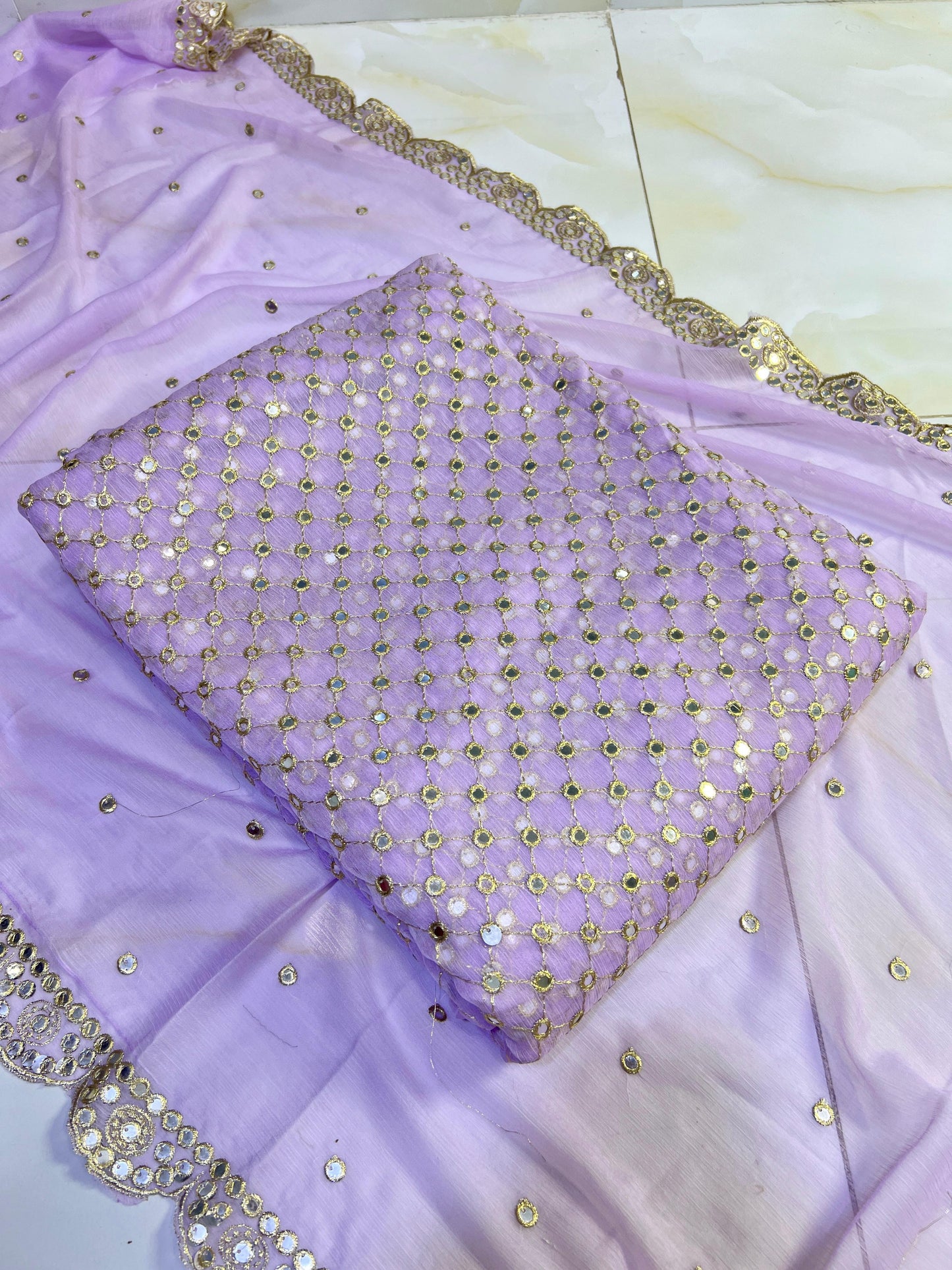 π Luxury 9MM Chiffon 3-Piece Dress β Elegant Mirror Work β¨(KASNI)