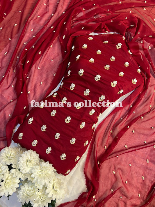 🌟 7 Pulse Soft Chiffon 3PC Suit 🌟(REDISH-MEHRON)