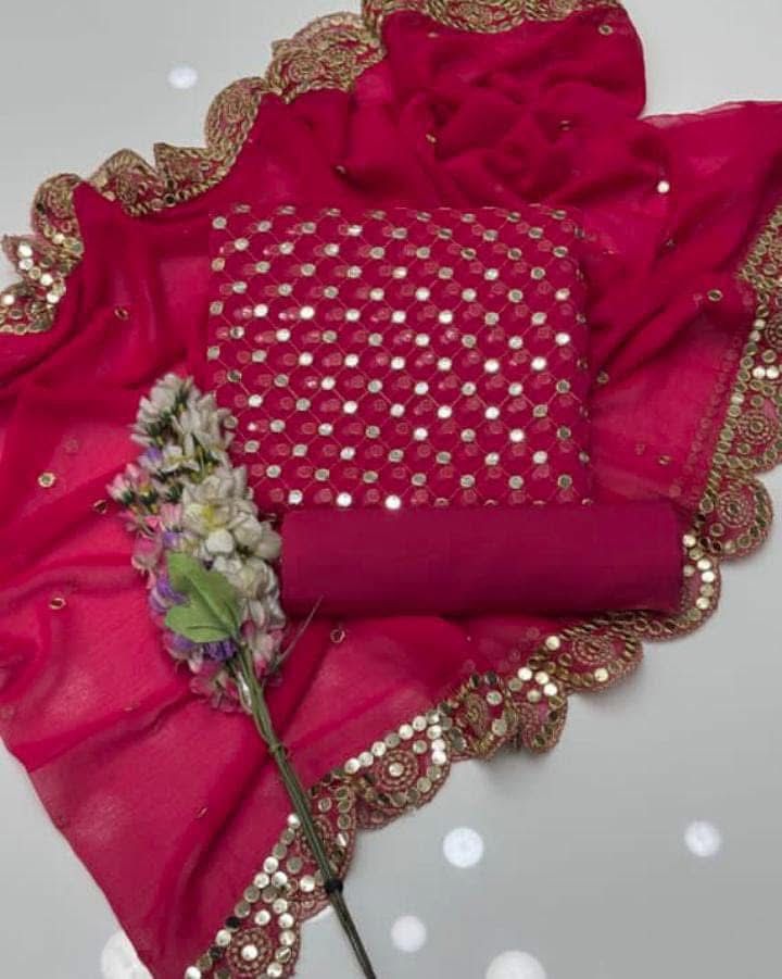 🌟 Luxury 9MM Chiffon 3-Piece Dress – Elegant Mirror Work ✨(ATISHI)