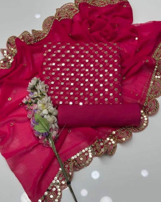 🌟 Luxury 9MM Chiffon 3-Piece Dress – Elegant Mirror Work ✨(ATISHI)