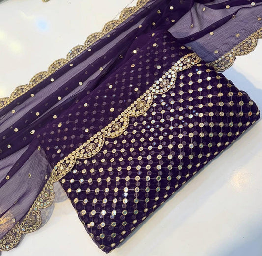 🌟 Luxury 9MM Chiffon 3-Piece Dress – Elegant Mirror Work ✨(JAMNI)