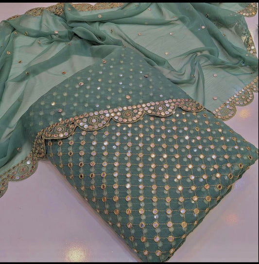 🌟 Luxury 9MM Chiffon 3-Piece Dress – Elegant Mirror Work ✨(MINT-GREEN)