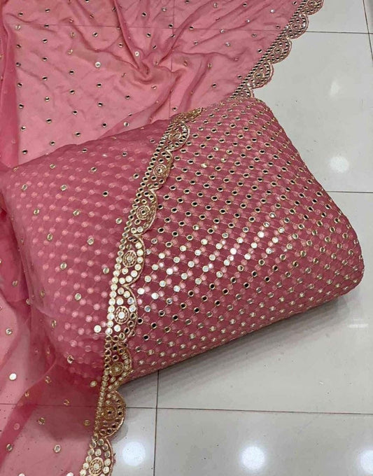🌟 Luxury 9MM Chiffon 3-Piece Dress – Elegant Mirror Work ✨(T-PINK)