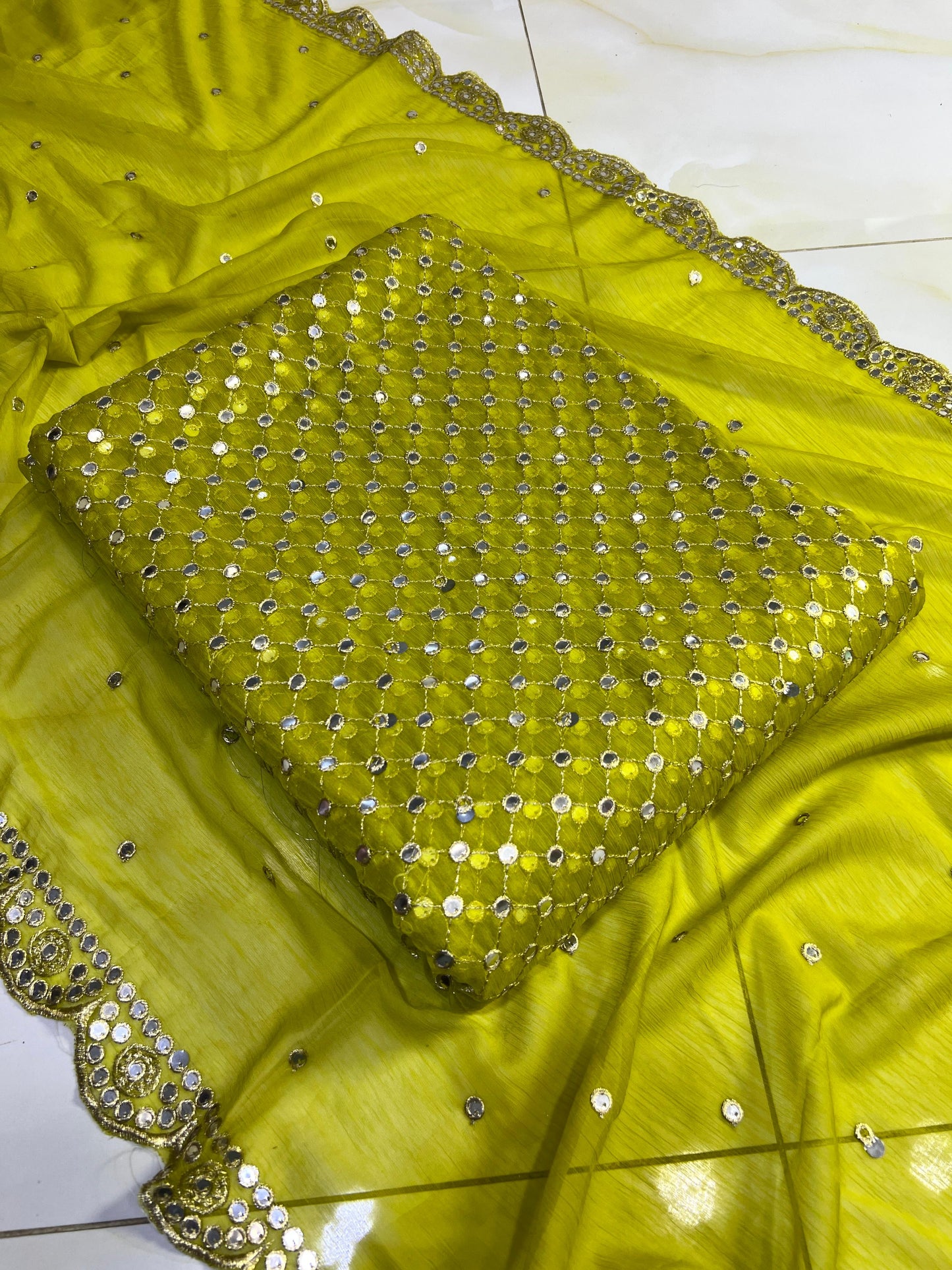 🌟 Luxury 9MM Chiffon 3-Piece Dress – Elegant Mirror Work ✨(DAHNI)