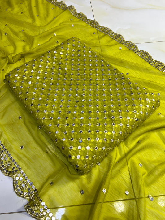 🌟 Luxury 9MM Chiffon 3-Piece Dress – Elegant Mirror Work ✨(DAHNI)